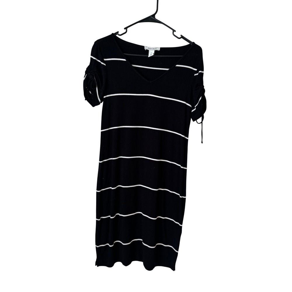 White House Black Market Black White Striped V-Neck Ruched Sleeve Dress XS